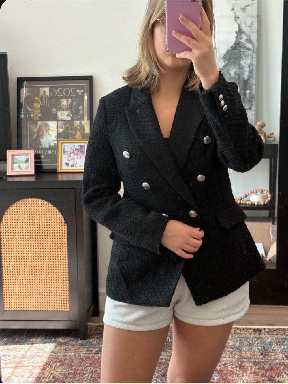 Classic Double-Breasted Black Bouclé Blazer